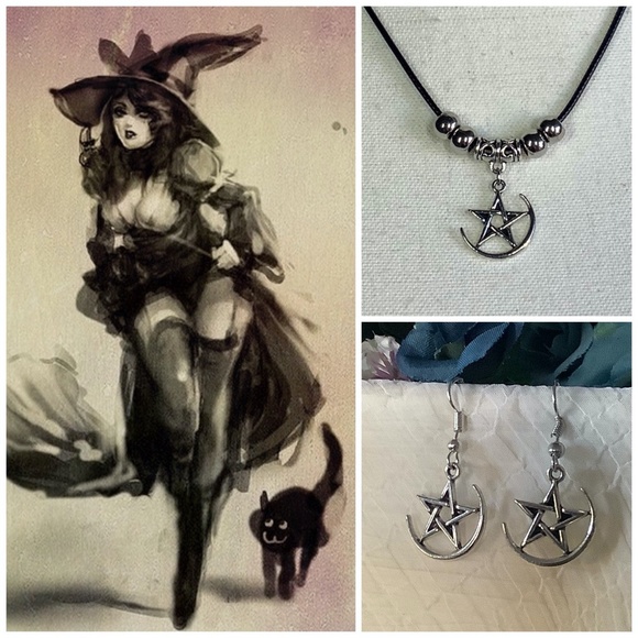 🍒 2PC PENTACLE STAR NECKLACE PENDANT EARRINGS SET WITCH BUNDLE BEADS LEATHER - Picture 12 of 12